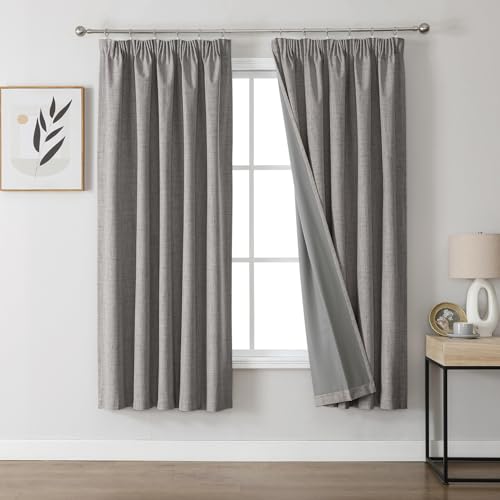 Joydeco 100% Blackout Curtains, Linen Curtains with Ruffle Tape, Set of 2, H 175 x W 140 cm, Light Grey, Thermal Curtain, Cold Protection, Opaque, Sound Protection, Ideal for Living Room, Matches Rail