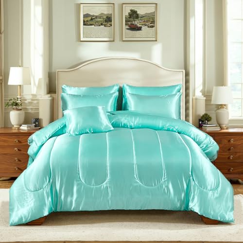 Silk Like Satin Comforter Set with Sheet Set Queen Size 8 Pieces Aqua Green Bedding Set Silky Bed-in-a-Bag Luxury Hotel Soft Silky Comforter Set with 1 Cushion Cover Silky Bed Set