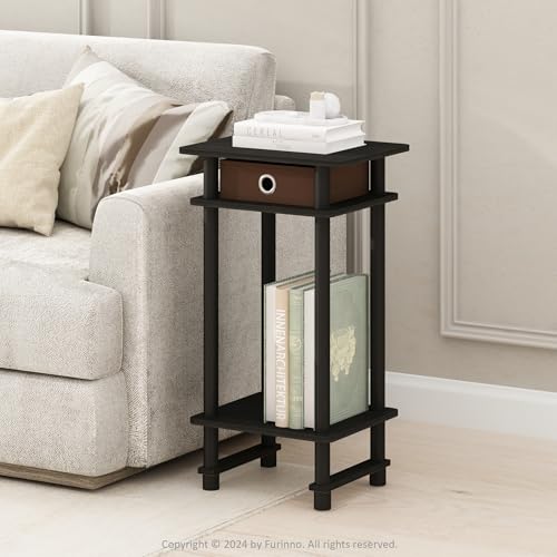 Furinno TURN-N-TUBE Side Table, 3-Tier End Table with Storage Bin, Open Shelf Night Stand, Bedside Table, Toolless Assembly, for Living Room, Bedroom, Black Espresso