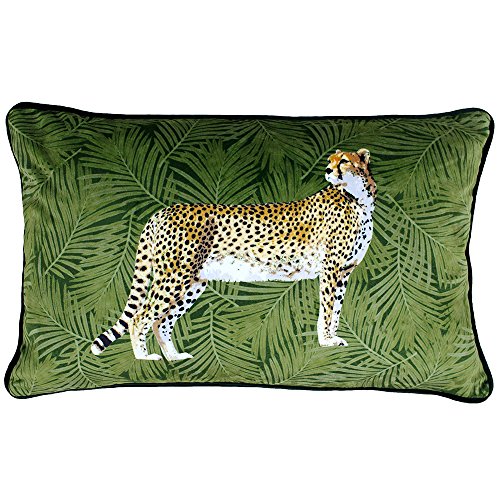 "Riva Paoletti Cheetah Forest Feather Filled Cushion Palm Leaf Design-Velvet Feel Fabric-Piped Edges-Machine Washable-100 Case (12"" x 20"" inches), Polyester, Green, 30 x 50cm"