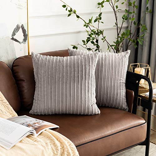 "UGASA Pack of 2, Velvet Pillow Covers Striped Decorative Throw Cushion Case with Hidden Zipper for Home Couch/Bedroom/Car, Soft Cozy Solid Square (20""x20"", Light Grey)"