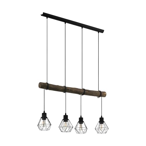 Eglo Pendant Light Fitting Horningtops, Rustic Hanging lamp in Vintage, Industrial and Retro Design, 4-lamp Dining and Living Room lamp, Black Steel and Natural Wood, E27 Socket, L 28”