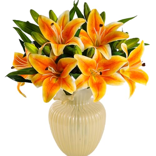 Kimura's Cabin 6Pcs Artificial Tiger Lily Flowers Real Touch Plastic Easter Spring Fake Lilies Bouquet Wedding Table Centerpiece Home Office Decor, Cemetery Grave Decorations (Orange Yellow)