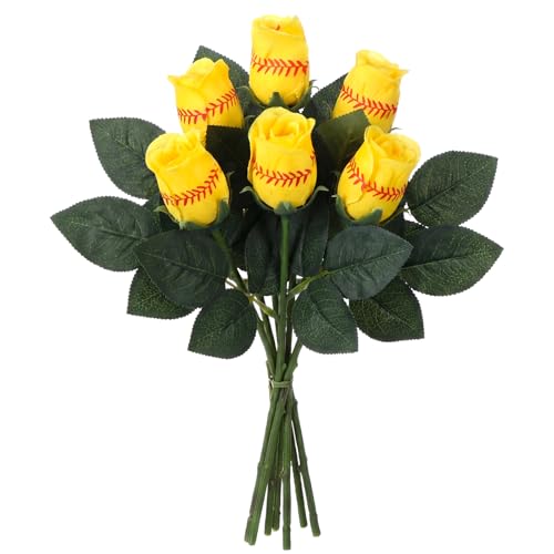 Hotop 6 Pcs Softball Roses with Leaves Artificial Roses Flowers Decoration Sports Theme Gifts for Softball Team Fans Coach Graduation Gift (Yellow)