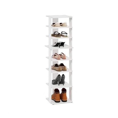 Furinno COMPACT Shoe Rack, 8-Tier Shoe Organizer, Free Standing Shoe Storage with Vertical Space Saving Shoe Tower, 12.1 x 12.6 x 46.7, for Closet Entryway, Office, Garage, White