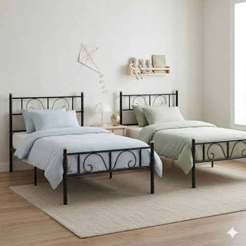 FurnitureR 3ft Single Bed, Metal Platform Bed Frame Solid Bedstead Base with Crochet-design Headboard and Footboard, Underbed Storage Space, Slatted Bed Fits for Teenagers/Adults,2PCS For Twins,Black