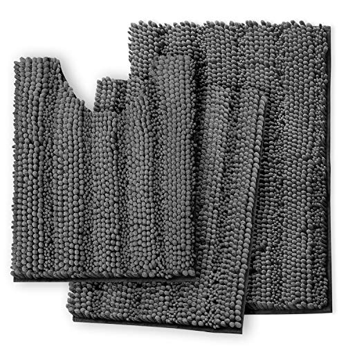 Clara Clark Chenille Bathroom Rugs, Ultra Soft Plush Shaggy Bath Mats for Bathroom, Machine Washable Non Slip Backing Rubber Bath Rug Set, 3 Piece Bathroom Rug Set, Gray