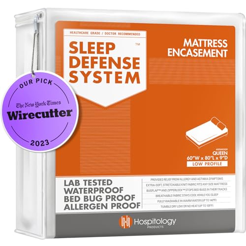 HOSPITOLOGY PRODUCTS Mattress Cover with Zipper, Bed Bug and Dust Mite Resistant, Hypoallergenic, Sleep Defense System, Queen Size 60x70 Inches Waterproof, Stretchy, Low Profile Depth 23cm