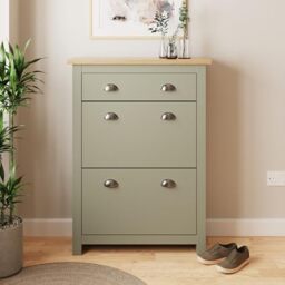 GFW Lancaster Shoe Cabinet with Oak Effect Top, 2 Flip Drawers, Slim Shoe Storage Unit for Hallway, Entryway & Living Room, White