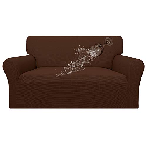 Easy-Going 100% Waterproof Loveseat Couch Cover, Dual Waterproof Sofa Cover, Stretch Jacquard Sofa Slipcover, Leakproof Furniture Protector for Kids, Pets, Dog and Cat (Loveseat, Coffee)