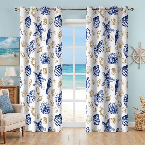 Coastal Beach Curtains Grommet Drapes Decorative Nautical Seashell Starfish Themed Thermal Insulating 50% Light Blocking Window Darkening Curtain for Living Room, Bedroom 2 Panels Set, 52x96 Inches