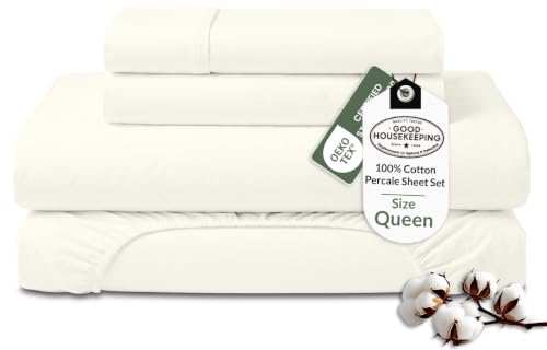 Royale Linens 100% Organic Cotton Queen Sheet Set - Percale Weave - 4 Pieces Set - 1 Flat, 1 Deep Pocket Fitted Sheet and 2 Pillowcases - Ivory Bed Sheets - S??banas Queen - Crisp Cool (Ivory)