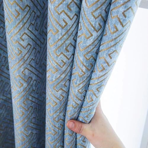 MYRU 1 Pari Chenille Curtains Semi Blackout Geometric Modern Curtains for Living Room Bedroom 2 Panels Set (2 x 52 x 90 Inch,Blue and Gold)