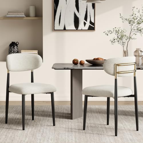 MALOL Dining Chairs Set of 2, Fabric Chairs for Dining Room with Metal Legs & Curved Backrest & Thick Cushion, Upholstered Kitchen Chair with Anti-Slip Pads, Beige