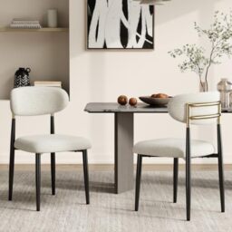 MALOL Dining Chairs Set of 2, Fabric Chairs for Dining Room with Metal Legs & Curved Backrest & Thick Cushion, Upholstered Kitchen Chair with Anti-Slip Pads, Beige