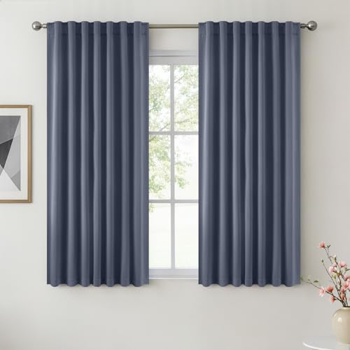 ANRODUO Back Tab Blackout Curtains for Bedroom Living Room, Rod Pocket Pinch Pleated Thermal Insulated Room Darkening Curtains 63 Inches Long 2 Panels, Stone Blue, 42 x 63 Inch