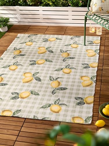 furn. Fruits Lemons Rug – Indoor/Outdoor Washable Weather Resistant Lightweight Gingham Rug (Sage - 120x170cm)