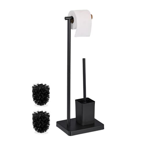 Relaxdays WC Set, HxWxD: 66.5 x 23 x 18 cm, Free-Standing Toilet Roll & Brush Holder, Stainless Steel, Black