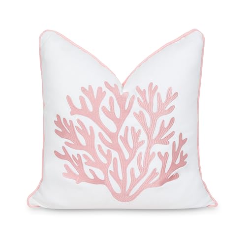 "Hofdeco Premium Coastal Patio Indoor Outdoor Throw Pillow Cover Only, 20""""x20"""" Water Repellent for Backyard, Couch, Blush Pink Embroidered Sea Life Coral with Piping, 03-0459-02"