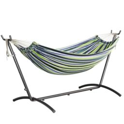 Mondeer Hammock with Stand Double Camping Outdoor Garden Fabric Hammock with Metal Frame with Carrying Bag and Accessories, 270kg Load Capacity, for Camping Travel Patio, Blue