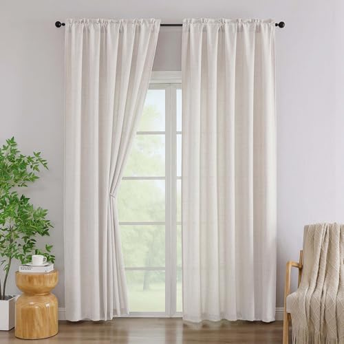 "Simplebrand Natural Linen Curtains 96 Inches Long 2 Panels, Faux Linen Textured Semi Light Filtering Farmhouse Curtains & Drapes, Soft Airy Slub Window Curtains for Living Room Bedroom, Each 52""Wx96""L"