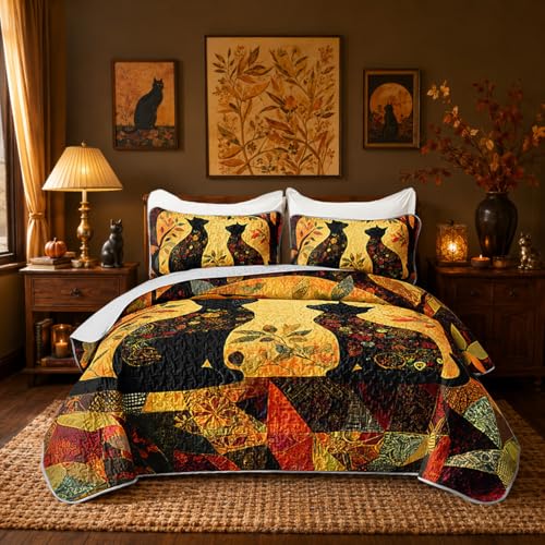HOSIMA Cat Quilt Set Queen,Tree Leaves Animal Bedspread with 2 Pillowcases. - Cats Standing Face to Each Other Under Tree,Summer Cat Quilt,Lightweight Animal Bedding for Aesthetic Room Decor