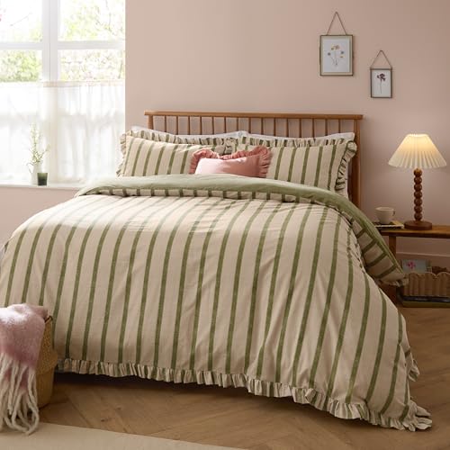 furn. Wylder Connie Duvet Cover Set – Reversible Cotton Rich Stripe Ruffle Linen Look Bedding (Olive – King)