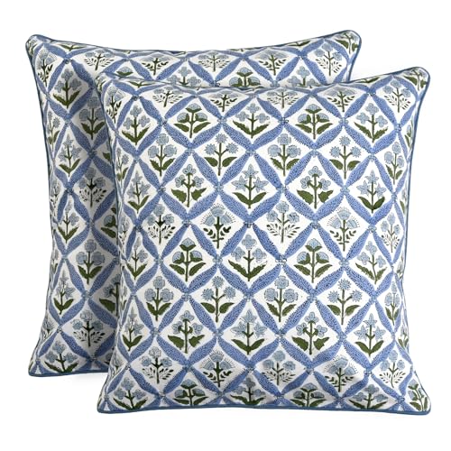 "Ridhi Block Print Light Steel Blue Pillow Cover 16"" x 16"" (Pack of 2) Decorative Couch Pillows for Living Room, Chic Boho Cute Outdoor Pillows Covers Gifts for Spring, Easter and Valentine"