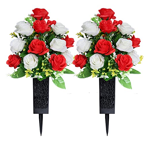 LVXINLI Two Artificial Graveyard Flower with vase-Used for The Tombstone Decoration of The Grave and The Memorial Hall, The vase with Drainage Hole Long Nails Outdoor Commemorative (Red and White)