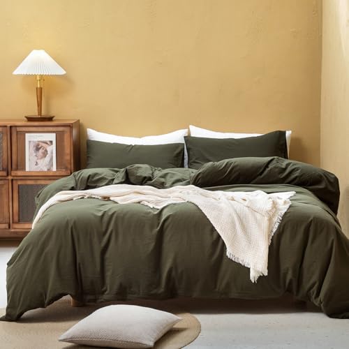 FOSSA Duvet Cover Set 100% Washed Cotton Linen Feel King - Super Soft Breathable Lightweight & All Season Bedding Set with Hidden Zipper & 8 Corner Ties (Olive Green)