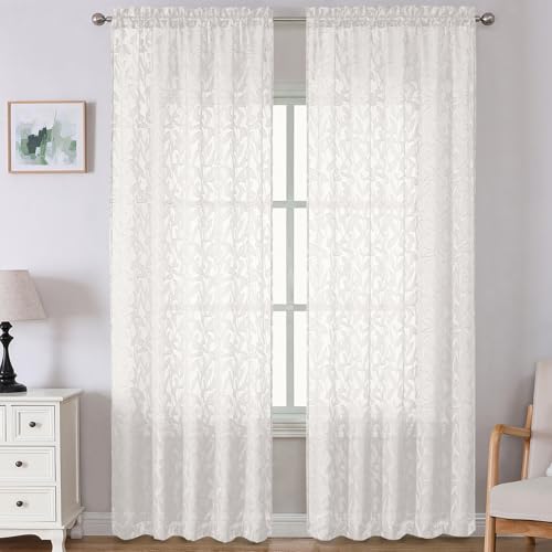 "Lecloud Leia Ivory Sheer Curtains 108 Inches Long 2 Panels, Airy Jacquard Leaf Textured Voile Curtains, Gauzy Aesthetic Drapes with Dual Rod Pockets for Living Room Bedroom, Each 52"" W x 108"" L"