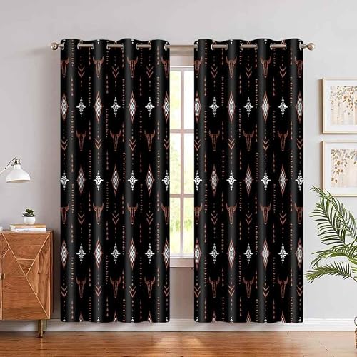 Tribal Aztec Curtains Western Bull Skull Rustic Drapes 2 Panels 52x84in - Cowboys Blackout Curtain, Native Ethnic Grommets Window Drape for Bedroom Kitchen Living Room, Boho Farmhouse, Black