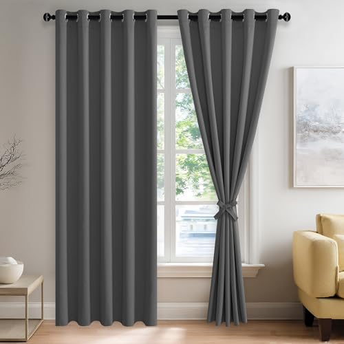 JIUZHEN Dark Grey Blackout Curtains with Tiebacks Thermal Insulated, Light Blocking and Noise Reducing Grommet Curtains for Bedroom and Living Room, Set of 2 Window Curtain Panels, 60 x 84 Inch Length
