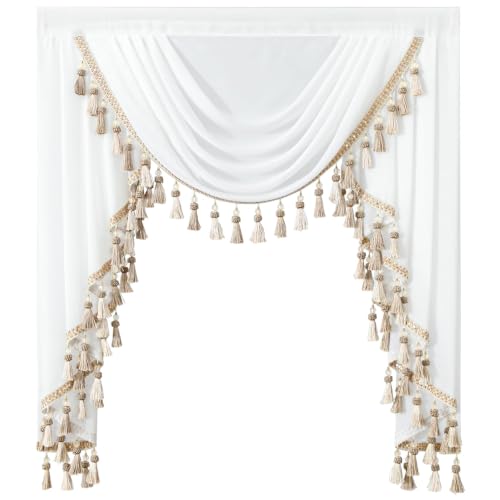 VOGOL Luxury Sheer Waterfall Valance for Windows, 39 Inches Wide White Swag Curtains for Wedding Party & Small Windows, Vintage Style Voile Window Topper, 1 Panel