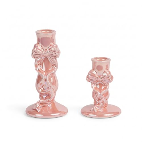 Bow Taper Candle Holders for Candlesticks, Bow Ceramic Candle Stick Candle Holder- Set of 2 Decorative Candle Stand for Wedding Decor, Dinner Party and Table Centerpieces, Housewarming Gift (Pink)