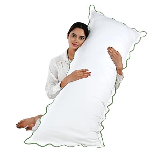"Ridhi White with Green Scalloped 100% Cotton 400 TC Throw Pillow Covers 20""x54"" Solid Pure Farmhouse Case Soft Home Decor for Sofa, Bed, Couch, Living Room Gift for Spring, Easter, Valentine"