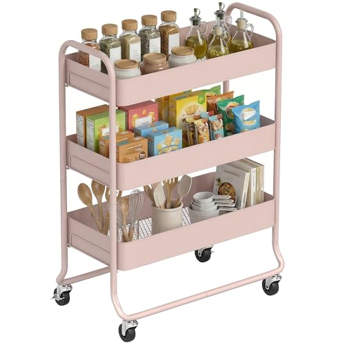 HOMCOM 3-Tier Metal Storage Trolley on Wheels, Rolling Utility Cart with Mesh Backets, Mobile Storage Cart for Kitchen, Bathroom, Bedroom and Living room, Light Pink