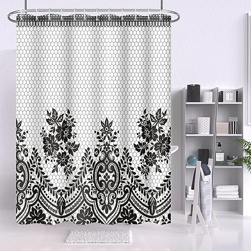 Umpoo Black Damask Shower Curtains Baroque Elegant Luxury Geometric Texture Gothic Bathroom Decorative Shower Curtain Sets with Hooks Polyester Fabric, 48 x 72 Inch