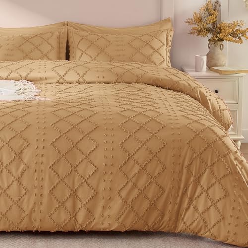 VACVELT 5PCS Taupe Boho Tufted Duvet Cover Queen Size, Zipper & Ties - Premium Microfiber Duvet Set, Soft & Breathable, 2 Tufted & 2 Envelope Pillowcases, Fade & Shrink Resistant, Machine Washable