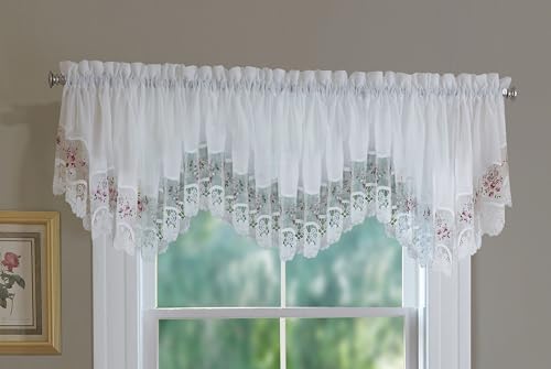 "Today's Curtain, Vintage Macramé Organza Crescent 18"", White/Rose, 58"" W x 18"" L"