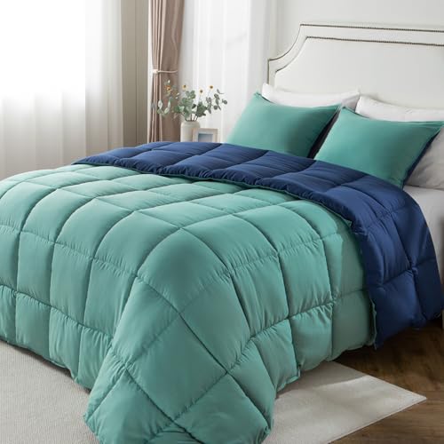KASENTEX Non-Shrink Queen Size Comforter Set with 2 Shams – Down Alternative Duvet Insert with Corner Ties, Reversible, Lightweight, Ultra Soft, Machine Washable, All-Season (Turquoise Sea Green/Blue)