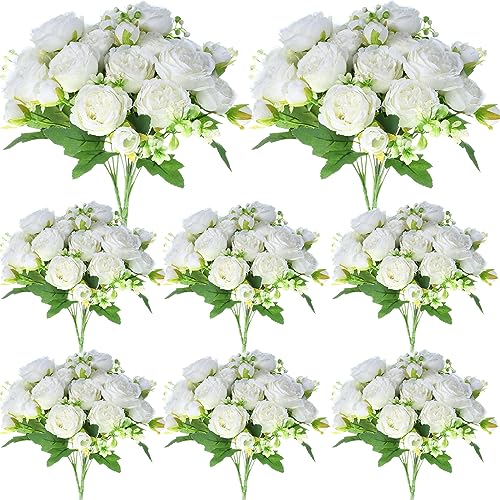 Geosar 8 Bundles 40 Heads Artificial Peonies Silk Flowers Fake Peony Bouquet Faux Peonies Flowers Bulk for Decoration Vase Florals Arrangements Wedding Home Party Table Centerpiece (White)
