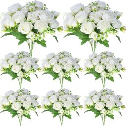 Geosar 8 Bundles 40 Heads Artificial Peonies Silk Flowers Fake Peony Bouquet Faux Peonies Flowers Bulk for Decoration Vase Florals Arrangements Wedding Home Party Table Centerpiece (White)