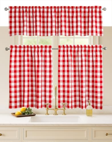 Softopia Cotton Red Gingham Check 3 Piece Window Curtain Set, 2 Tiers 26x36 Inch and 1 Valance 54x18 Inch, Semi Sheer Rod Pocket Short Curtains for Kitchen, Living Room, Bedroom and Bathroom