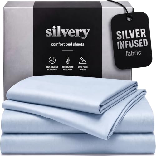 Silvery Silver Infused Bed Sheets Set - Ultra-Soft Temperature-Regulating Fabric with Self-Cleaning Technology??? That Stays Fresh 3X Longer for Hygienic Sleep