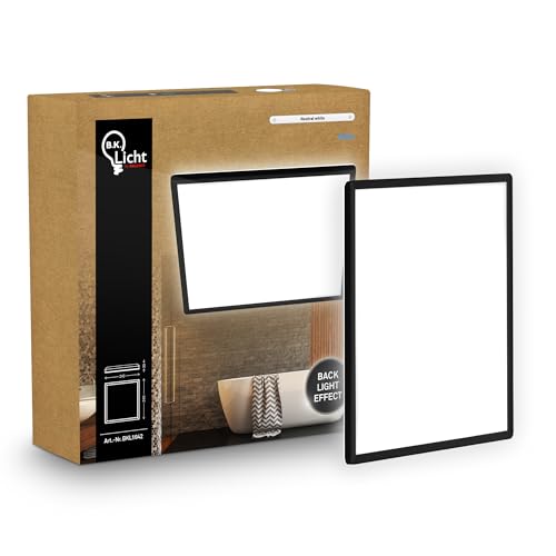 B.K.Licht - LED Panel, Slim, 4000K Neutral White, Indirect Backlighting, IP44 Splash-Proof, Ceiling Lights, Bathroom Light, Bathroom Lights Ceiling, Living Room, 24 x 24 x 3 cm, Black