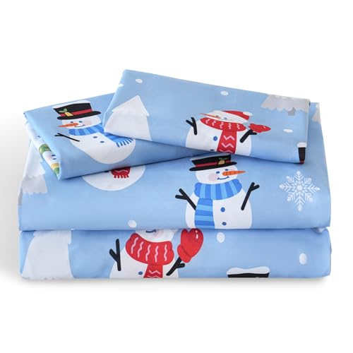 LONAVA Full Sheet Set Kids - Snow Man 4 Pieces Soft Cute Microfiber Bed Sheet for Boy Girls Teens, Oeko Texted Breathable Cooling Fabric & Deep Pocket Full Elastic Sheets