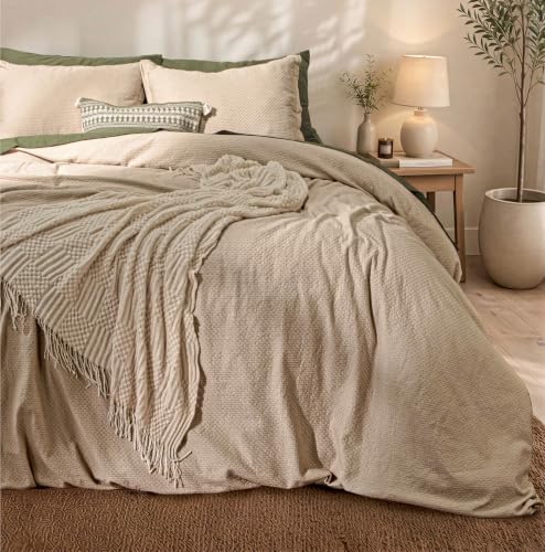 Ruvanti 100% Cotton Waffle Duvet Cover Full Size Set, 3 Pieces, Khaki, Ultra Soft Pre-Washed Bedding, Breathable Comforter Cover Set 8 Corner Ties, Button Closure