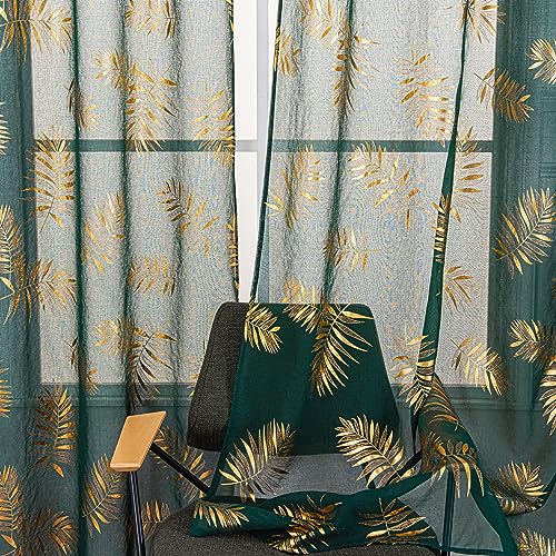 "Sutuo Home Dark Green Sheer Curtains 84 Inches Long 2 Panels Set, Gold Foil Print Metallic Bronzing Tropical Leaves, Window Treatment Decor Drape Pair for Bedroom Living Room 52"" W x 84"" L"