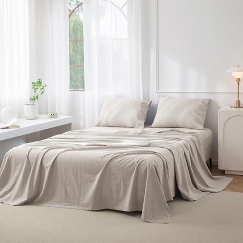 "JIYUAN King Washed Cotton Sheet Set, 4-Piece, Relaxed Linen Feel - Deep Pocket Fits Mattresses up to 17"". Flat Sheet & 2 Pillowcases. Naturally Soft & Breathable. Machine Washable."